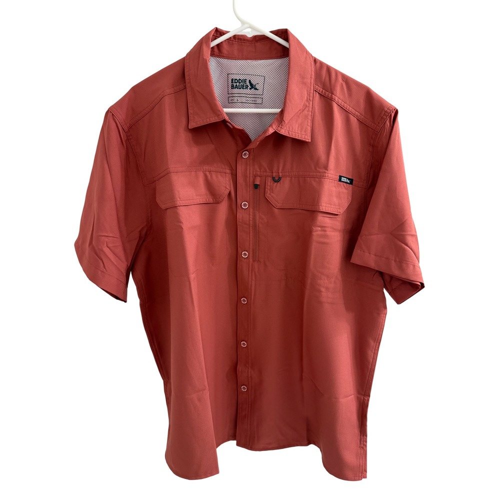 Eddie Bauer Mens Red Ripstop Short Sleeve Vented Fishing Hiking Shirt L EB011287